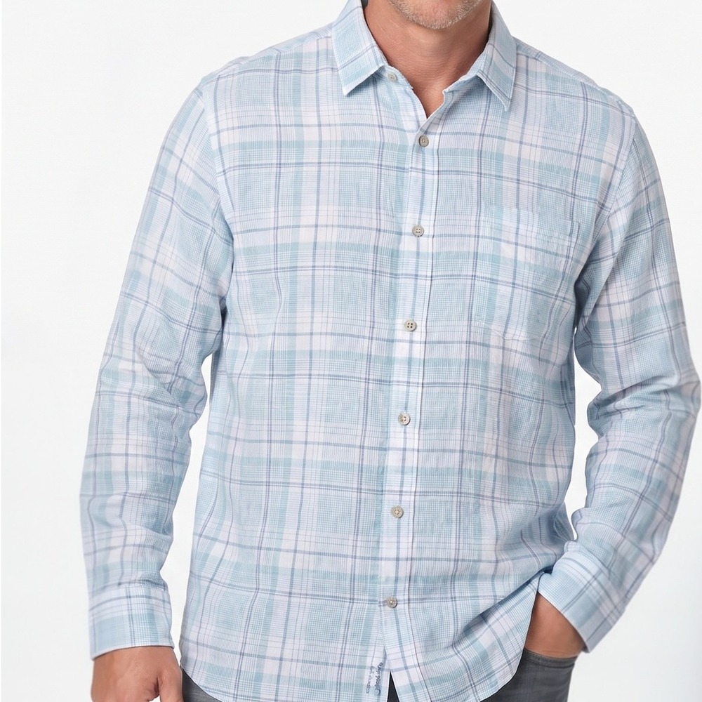 NWT Banana Republic Mens XL White Blue Plaid 100% Linen Button Down Shirt